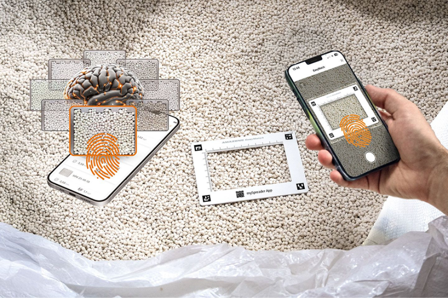 Agricultor calibrando distribuidor de fertilizantes pelo aplicativo mySpreader.